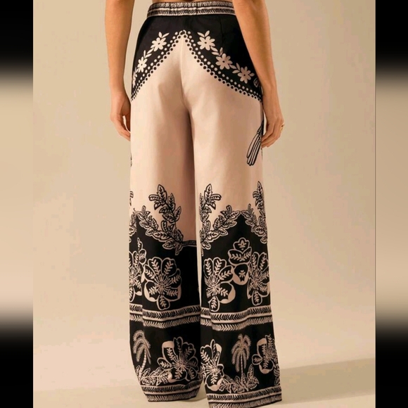 Women's Boho Tropical Bird & Plant Print Black Relaxed Straight Leg High Waist - Picture 3 of 4